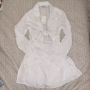 NWT White Long Sleeve open tie front mini dress